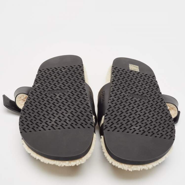 Pre Owned Hermes Black Leather and Shearling Fur Lined Chypre Sandals Size 45.5