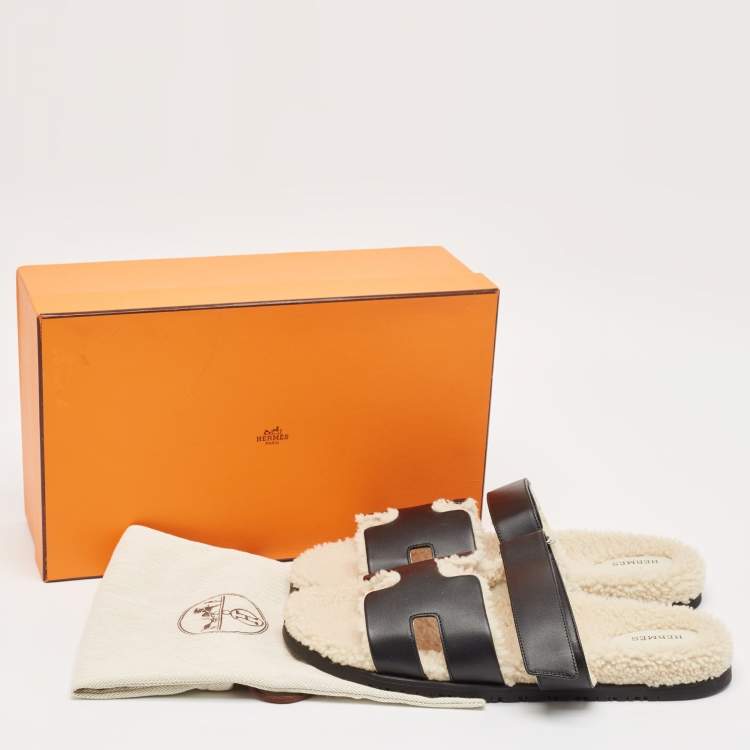 Pre Owned Hermes Black Leather and Shearling Fur Lined Chypre Sandals Size 45.5