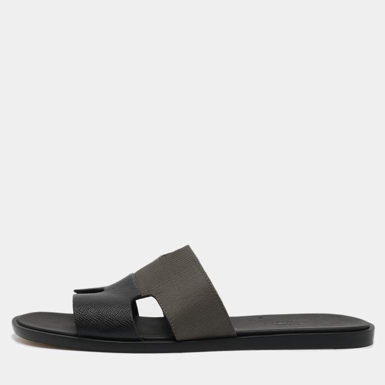 Pre Owned Hermes Black/Green Canvas and Leather Izmir Slide Sandals Size 44