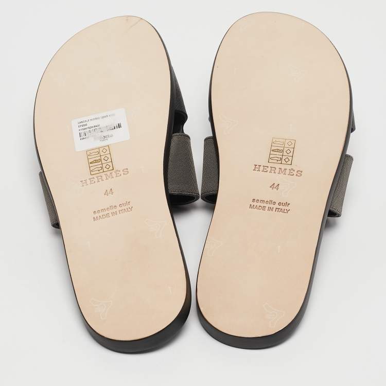 Pre Owned Hermes Black/Green Canvas and Leather Izmir Slide Sandals Size 44