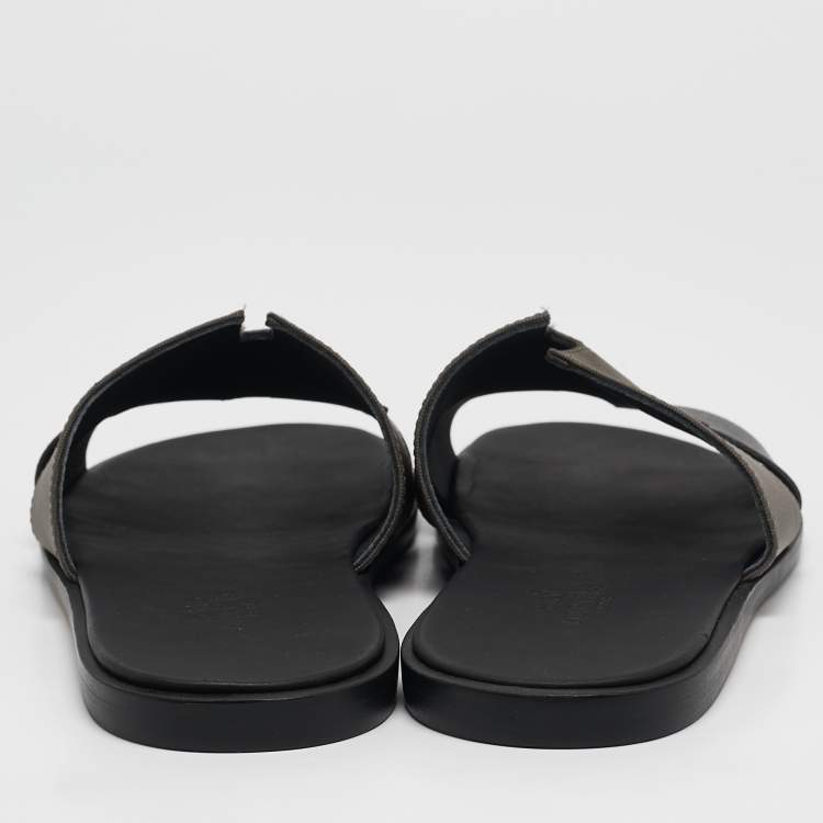 Pre Owned Hermes Black/Green Canvas and Leather Izmir Slide Sandals Size 44