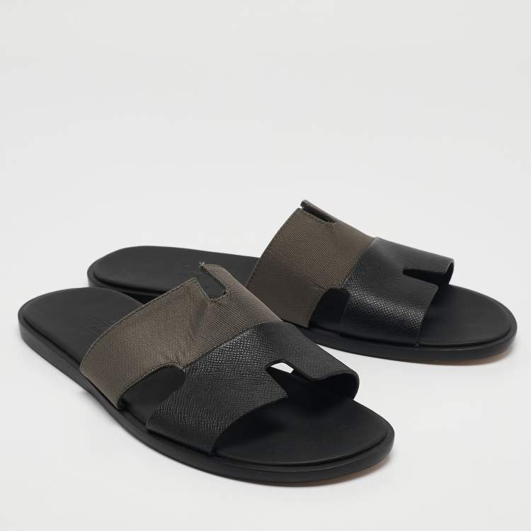 Pre Owned Hermes Black/Green Canvas and Leather Izmir Slide Sandals Size 44