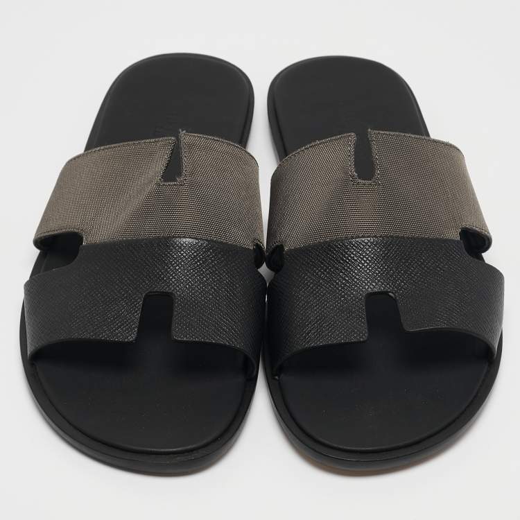 Pre Owned Hermes Black/Green Canvas and Leather Izmir Slide Sandals Size 44
