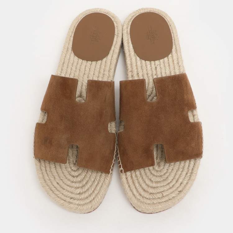 Pre Owned Hermes Brown Suede Antigua Espadrille Flats Size 43
