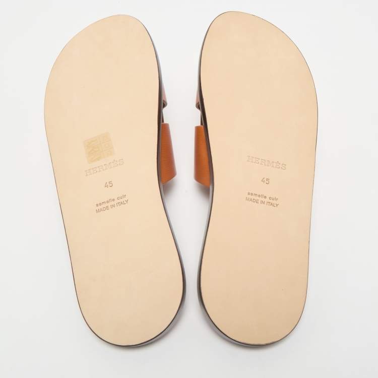 Pre Owned Hermès Orange Leather Izmir Flat Slides Size 45