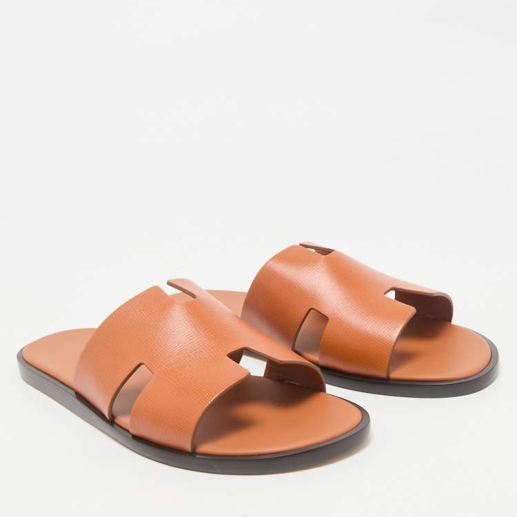 Pre Owned Hermès Orange Leather Izmir Flat Slides Size 45