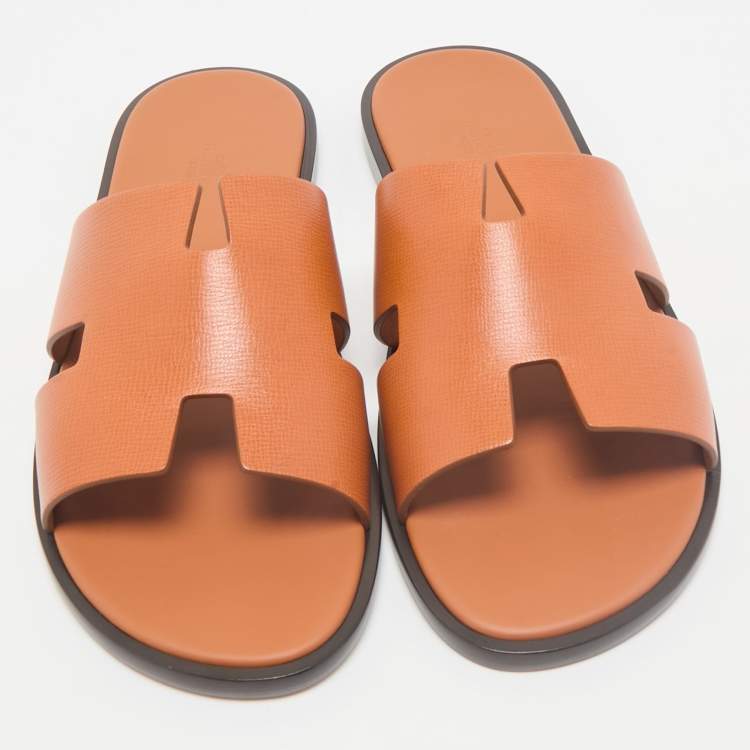 Pre Owned Hermès Orange Leather Izmir Flat Slides Size 45
