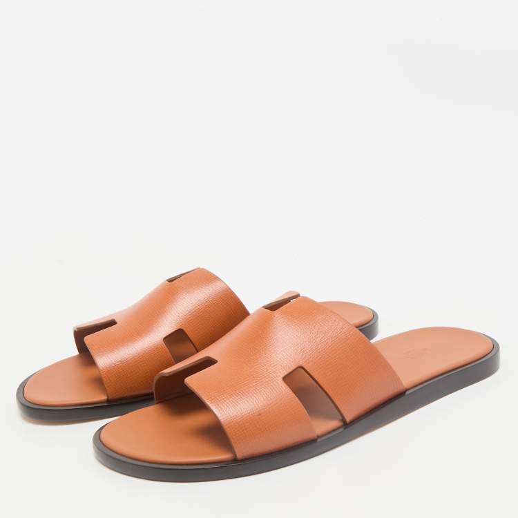 Pre Owned Hermès Orange Leather Izmir Flat Slides Size 45