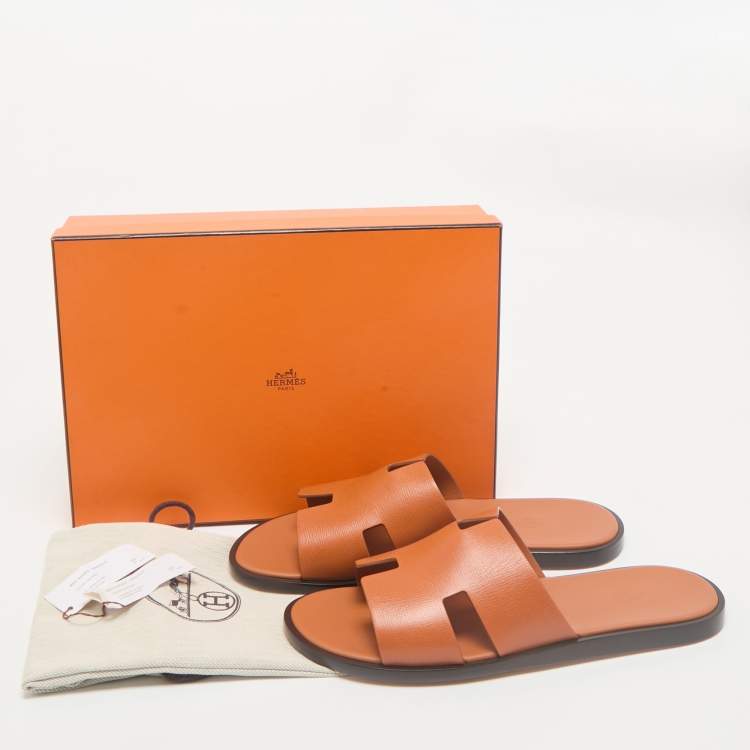 Pre Owned Hermès Orange Leather Izmir Flat Slides Size 45