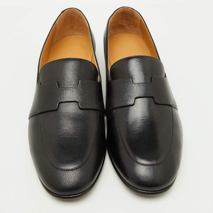 Pre Owned Hermès Black Leather Ancora Slip On Loafers Size 40.5
