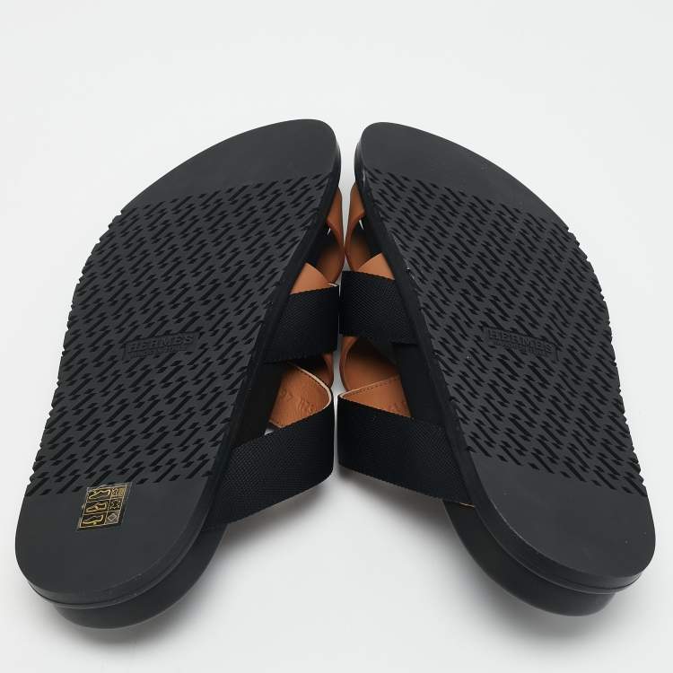 Pre Owned Hermes Brown/Black Leather and Fabric Kazimir Flat Sandals Size 46