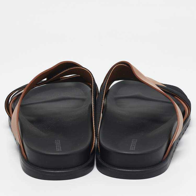 Pre Owned Hermes Brown/Black Leather and Fabric Kazimir Flat Sandals Size 46
