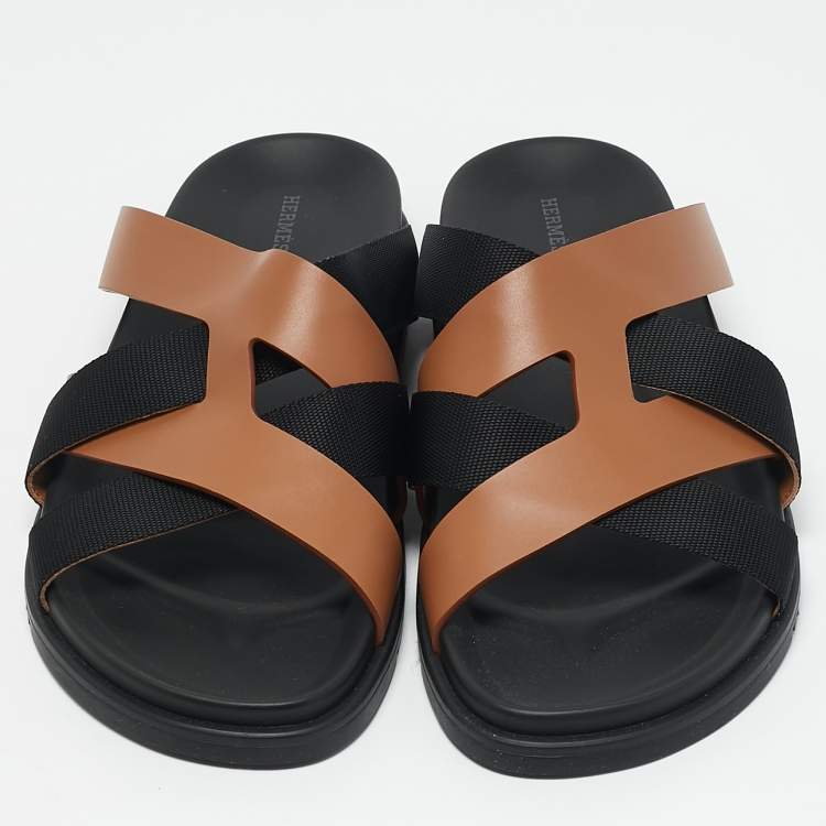 Pre Owned Hermes Brown/Black Leather and Fabric Kazimir Flat Sandals Size 46