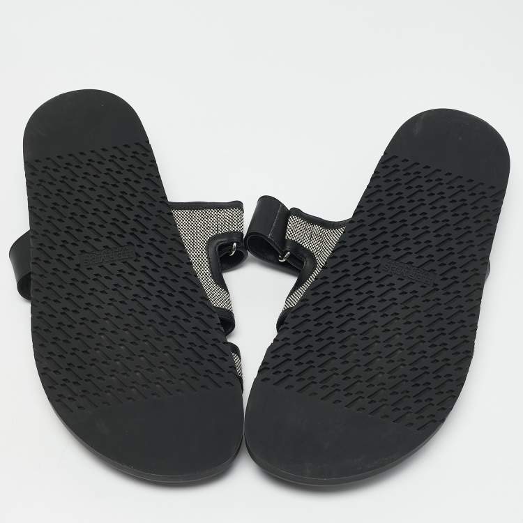 Pre Owned Hermes Black/White Leather and Canvas H Maxi Chypre Flat Sandals Size 45.5
