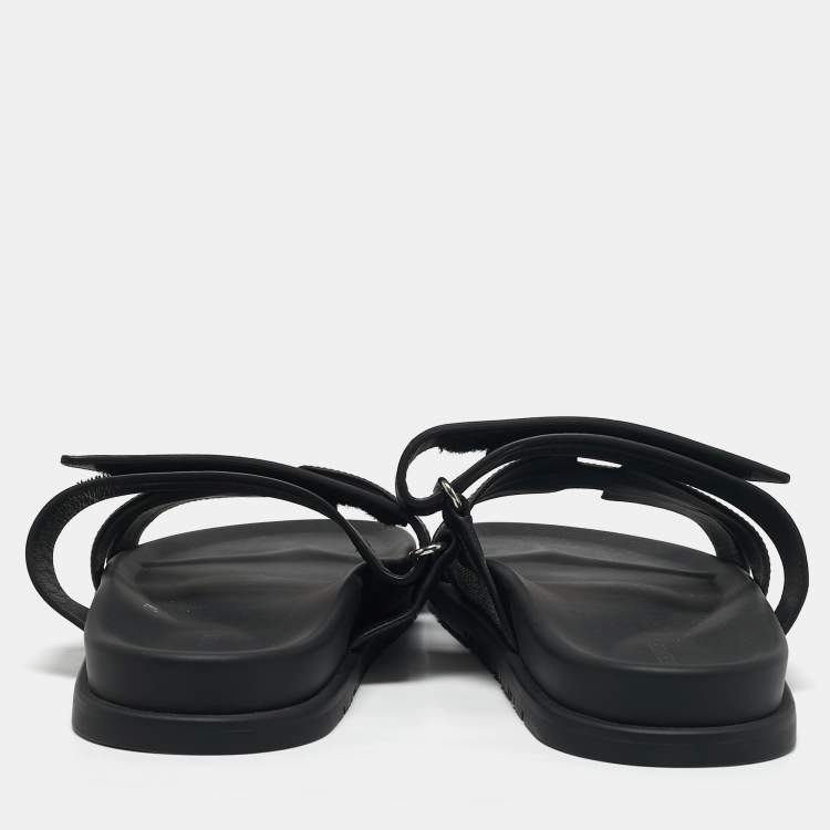 Pre Owned Hermes Black/White Leather and Canvas H Maxi Chypre Flat Sandals Size 45.5