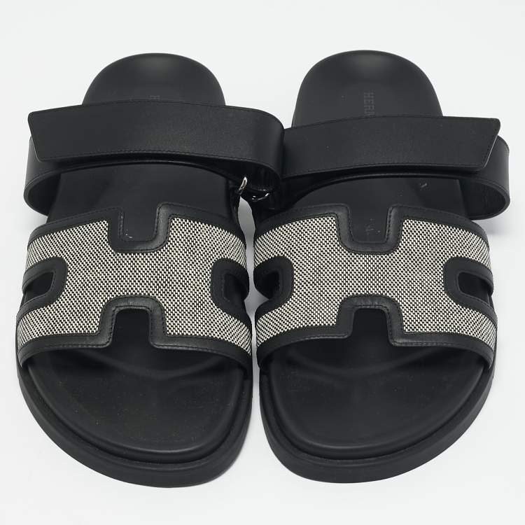 Pre Owned Hermes Black/White Leather and Canvas H Maxi Chypre Flat Sandals Size 45.5