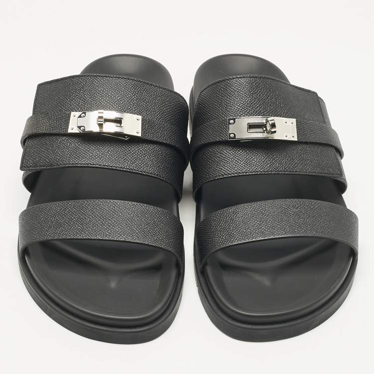 Pre Owned Hermès Black Leather Jackson Sandals Size 45