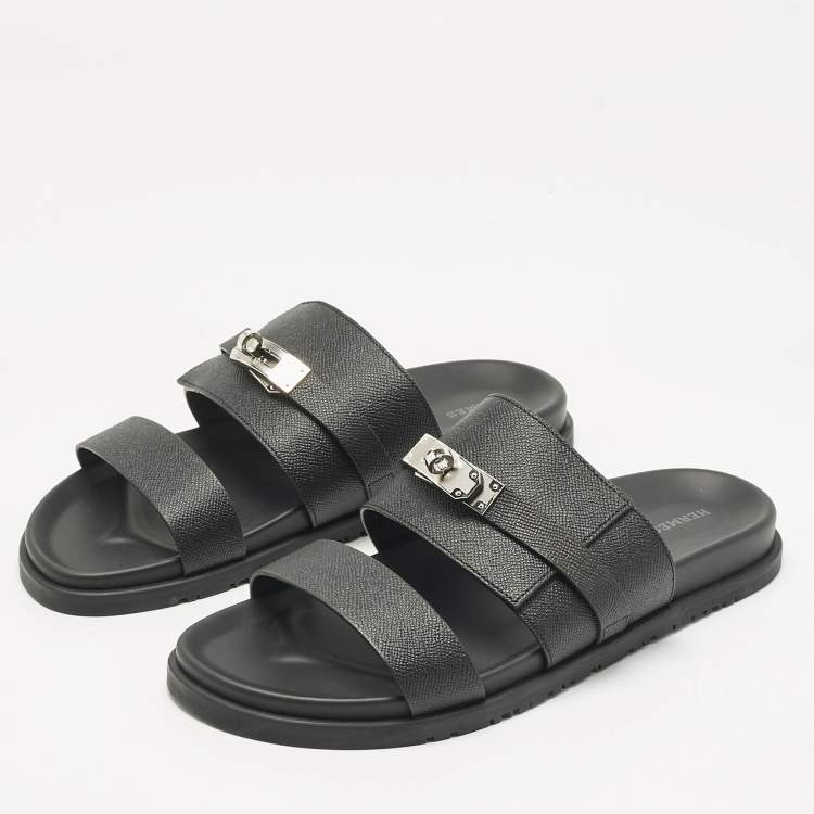Pre Owned Hermès Black Leather Jackson Sandals Size 45