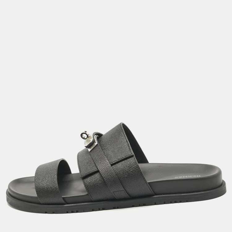 Pre Owned Hermès Black Leather Jackson Sandals Size 45