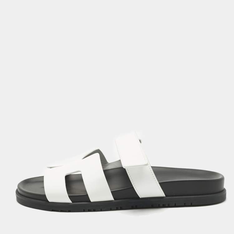 Pre Owned Hermes White Leather Chypre Slide Sandals Size 41