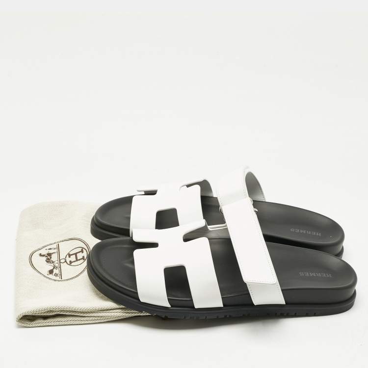 Pre Owned Hermes White Leather Chypre Slide Sandals Size 41
