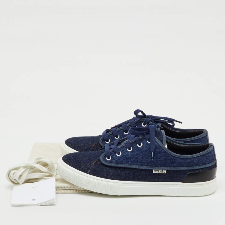 Pre Owned Hermes Navy Blue/Black Denim and Leather Envy Low Top Sneakers Size 43
