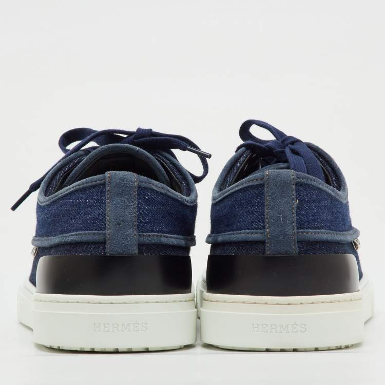 Pre Owned Hermes Navy Blue/Black Denim and Leather Envy Low Top Sneakers Size 43