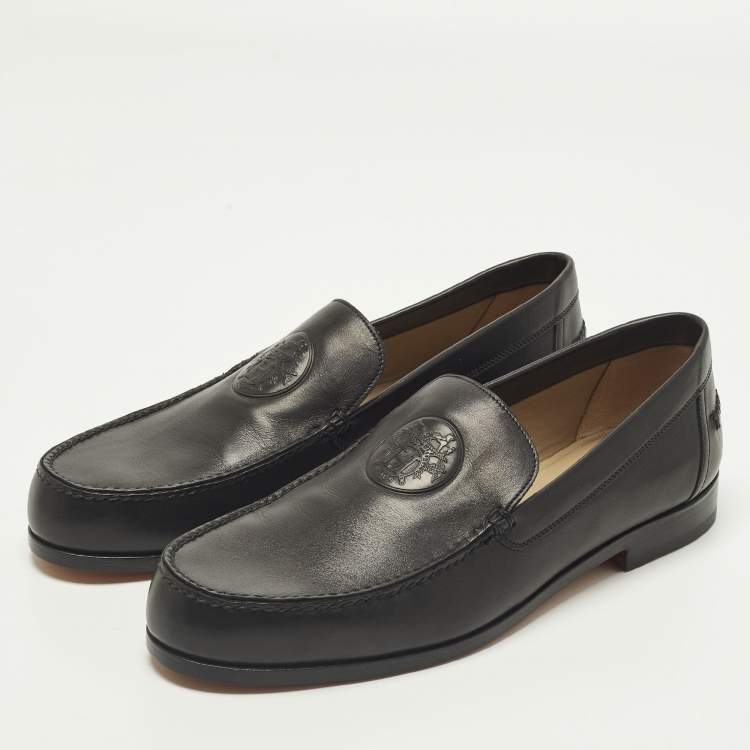 Pre Owned Hermes Size 42.5 Black Leather Logo Embossed Loafers