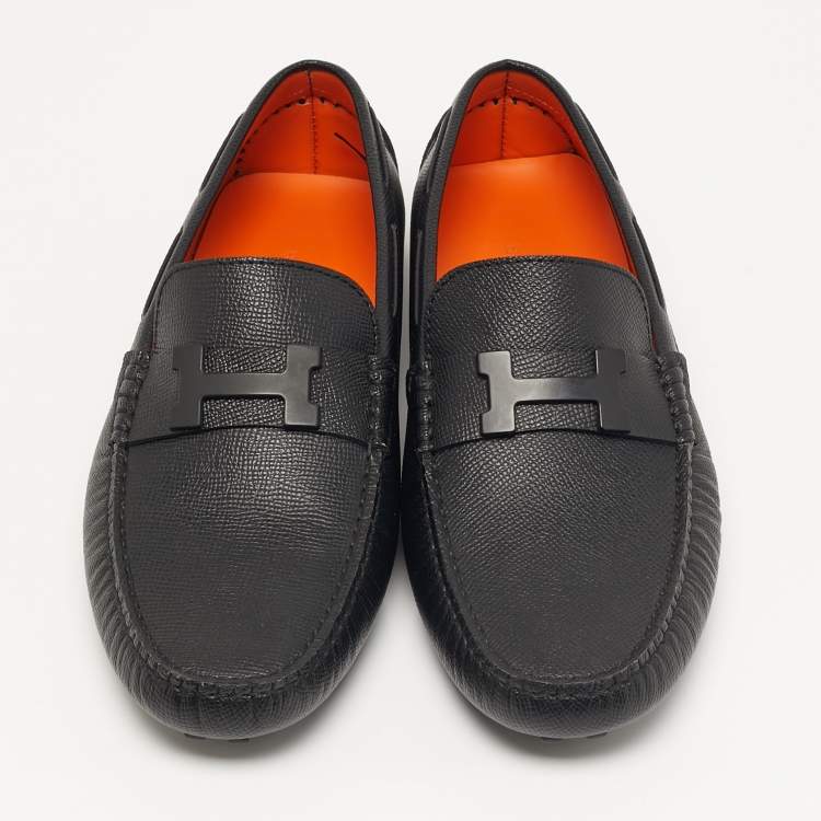 Pre Owned Hermès Size 40 Black Leather Logo Slip On Loafers