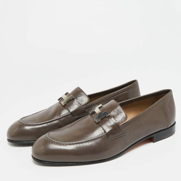 Pre Owned Hermes  H Logo Paris Size 42.5 Brown Leather Loafers