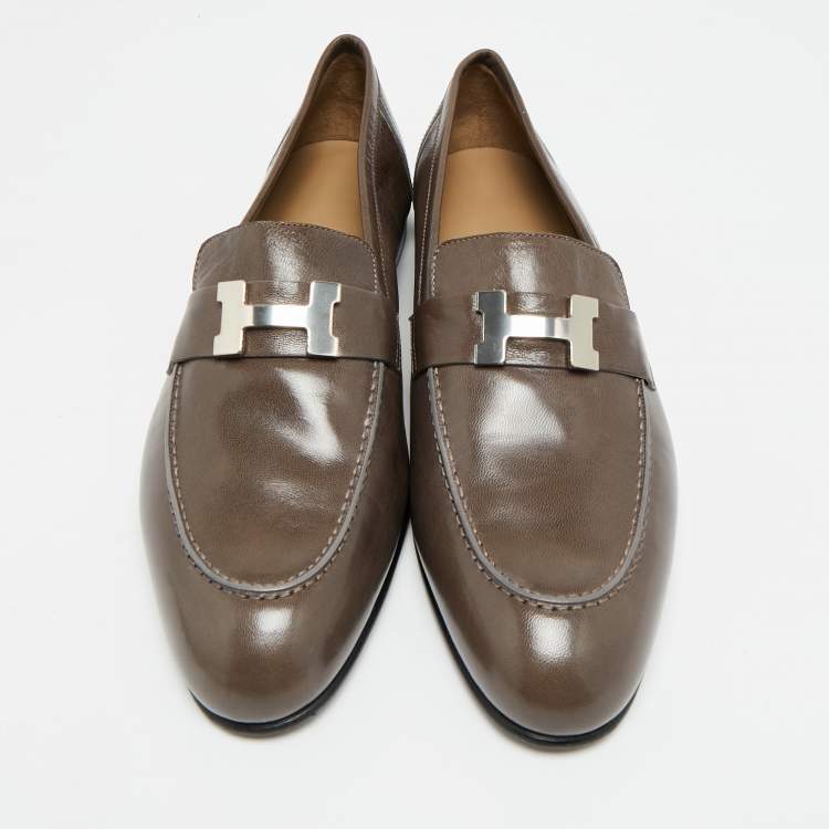 Pre Owned Hermes  H Logo Paris Size 42.5 Brown Leather Loafers