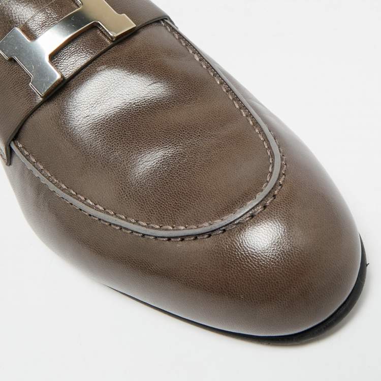 Pre Owned Hermes  H Logo Paris Size 42.5 Brown Leather Loafers