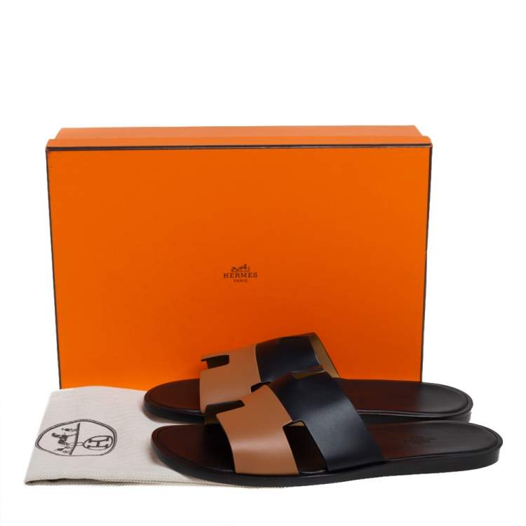 Pre Owned Hermés Black/Brown Leather Izmir Flat Slides Size 44
