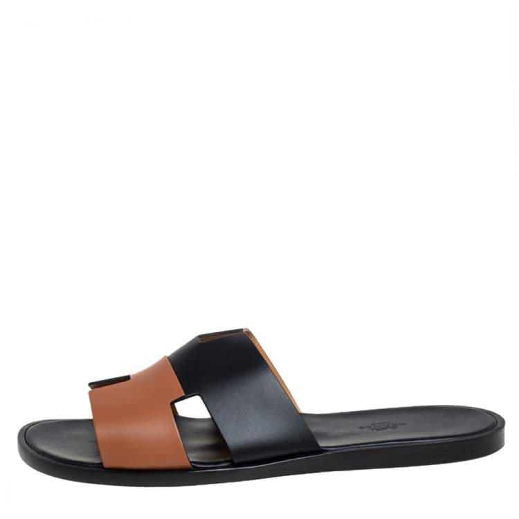 Pre Owned Hermés Black/Brown Leather Izmir Flat Slides Size 44