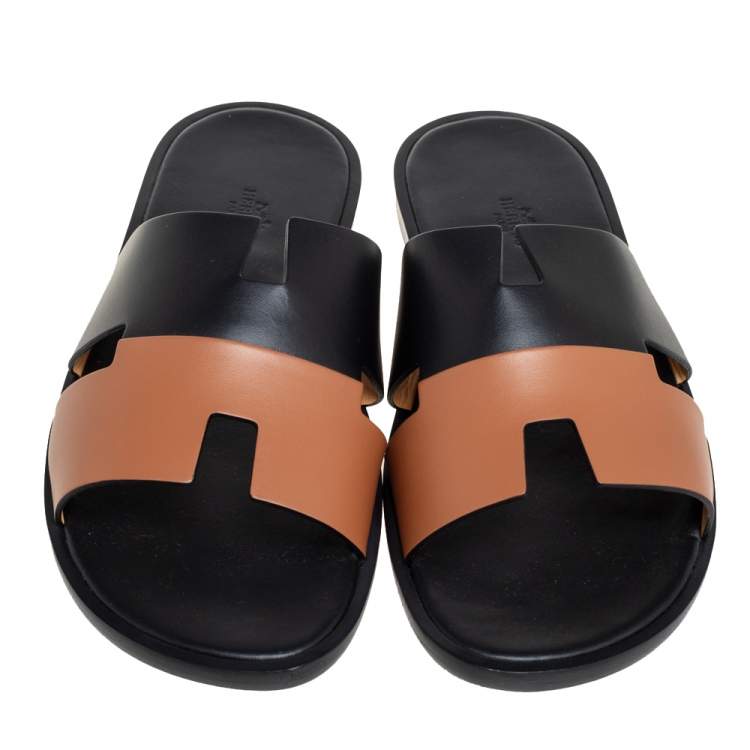 Pre Owned Hermés Black/Brown Leather Izmir Flat Slides Size 44