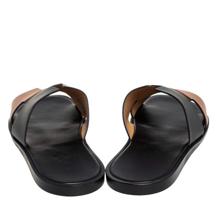 Pre Owned Hermés Black/Brown Leather Izmir Flat Slides Size 44