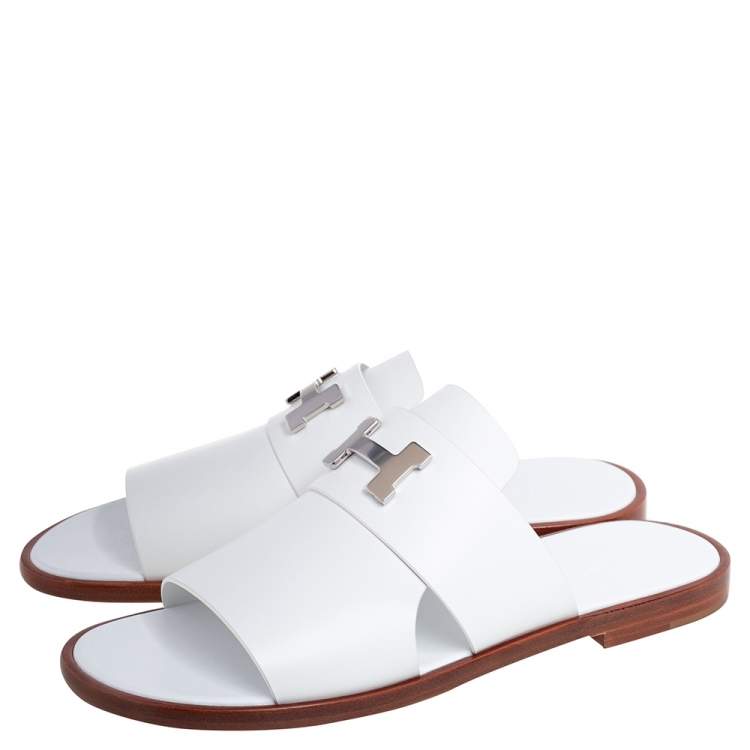 Pre Owned Hermes White Leather Arles Mules Size 43