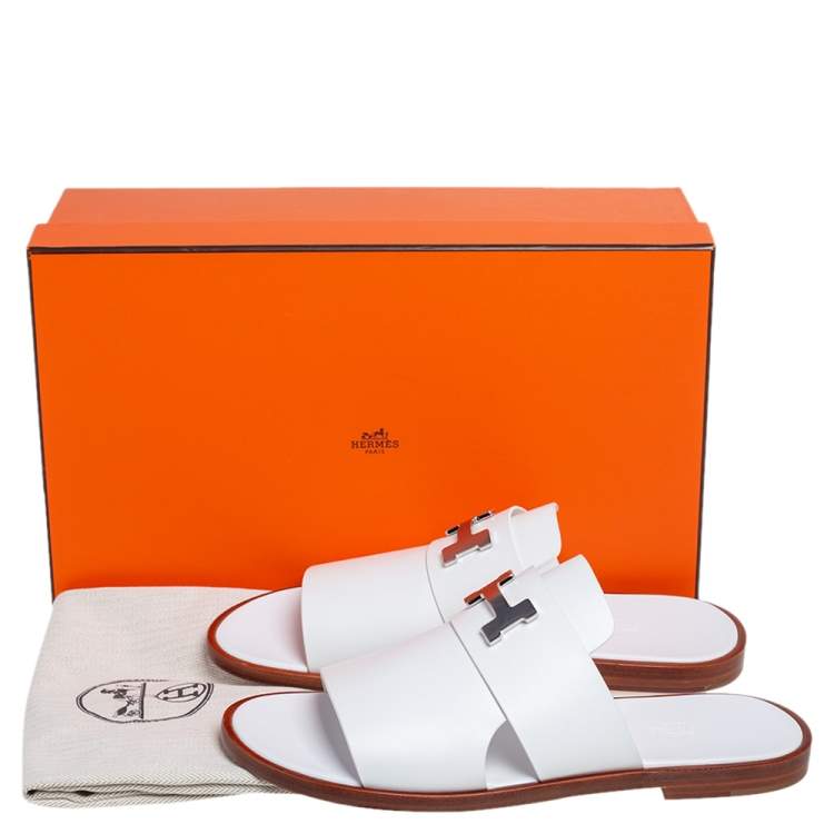 Pre Owned Hermes White Leather Arles Mules Size 43