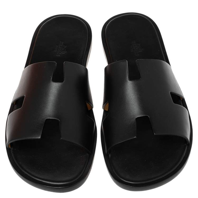 Pre Owned Hermes Black Leather Izmir Slide Sandal Size 46