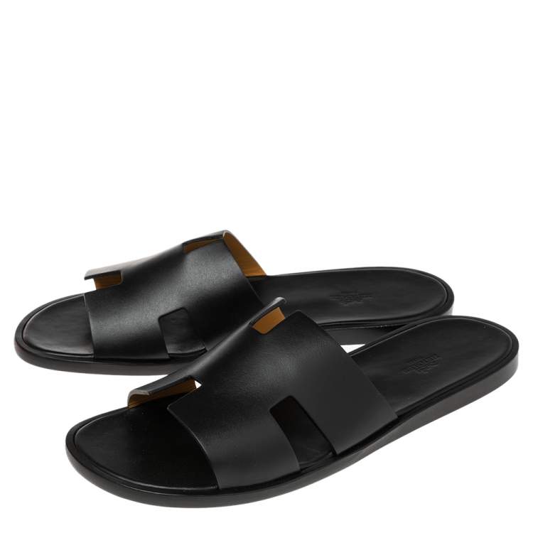 Pre Owned Hermes Black Leather Izmir Slide Sandal Size 46