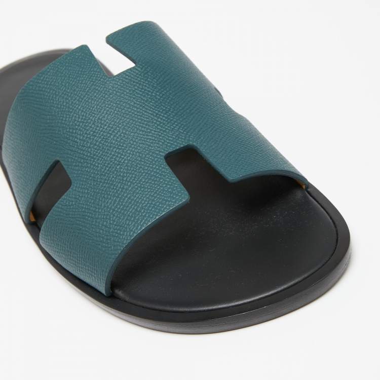 Pre Owned Hermes Green Leather Izmir Flat Slides Size 43