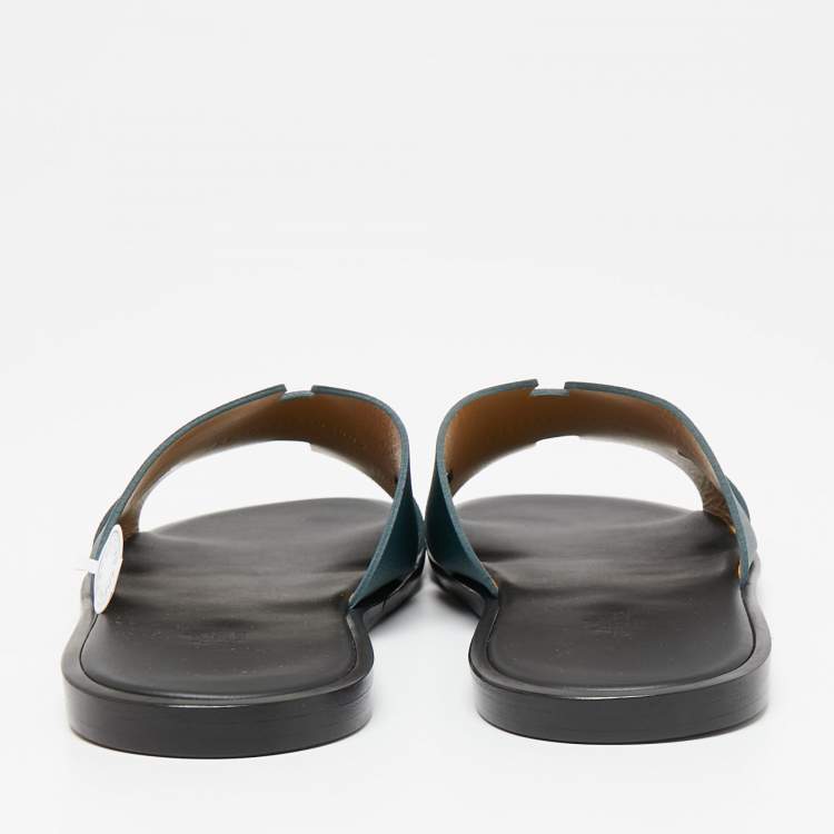 Pre Owned Hermes Green Leather Izmir Flat Slides Size 43