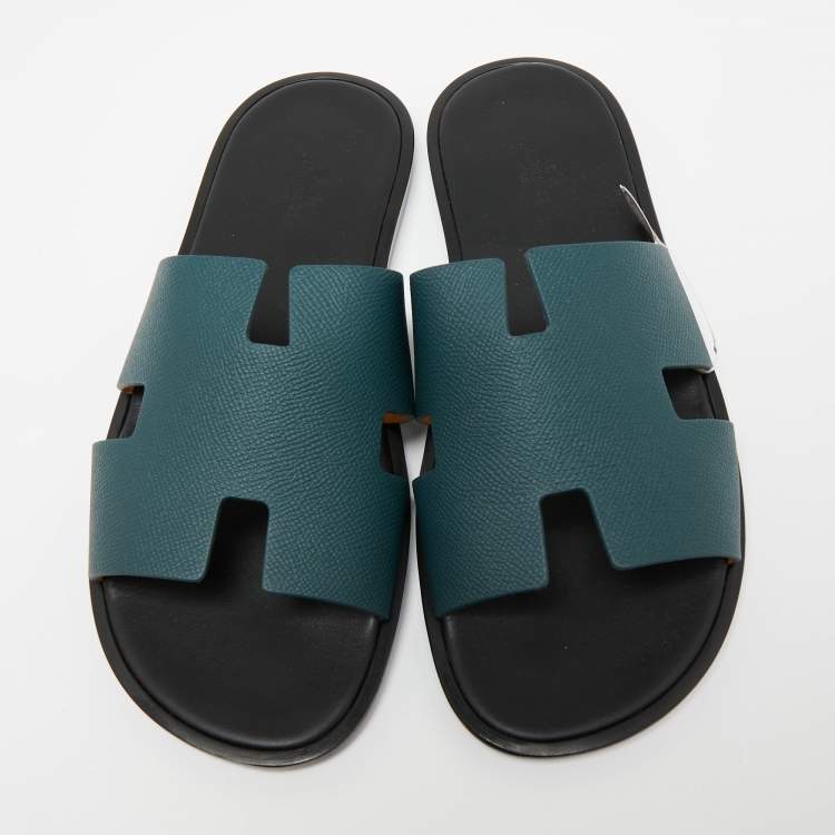 Pre Owned Hermes Green Leather Izmir Flat Slides Size 43