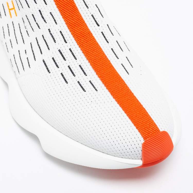 Pre Owned Hermes White/Orange Knit Fabric Eclair Slip-On Sneakers Size 42