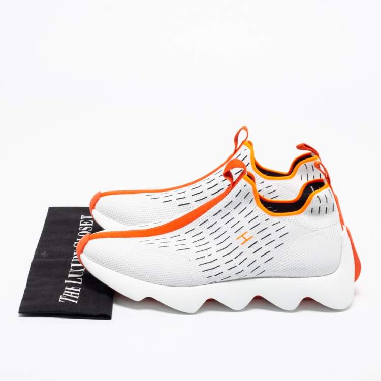 Pre Owned Hermes White/Orange Knit Fabric Eclair Slip-On Sneakers Size 42