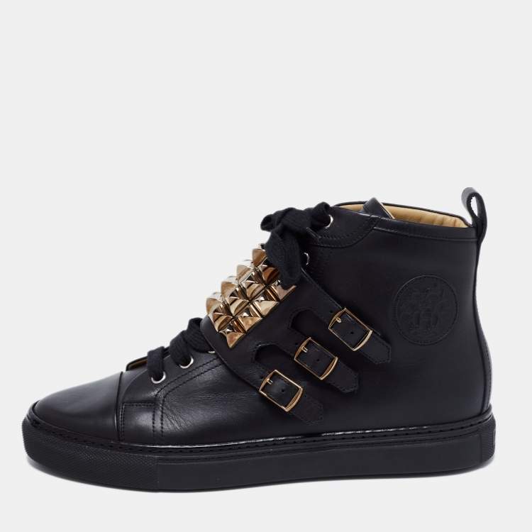 Pre Owned Hermes Black Leather Studded Lennox High-Top Sneakers Size 41.5