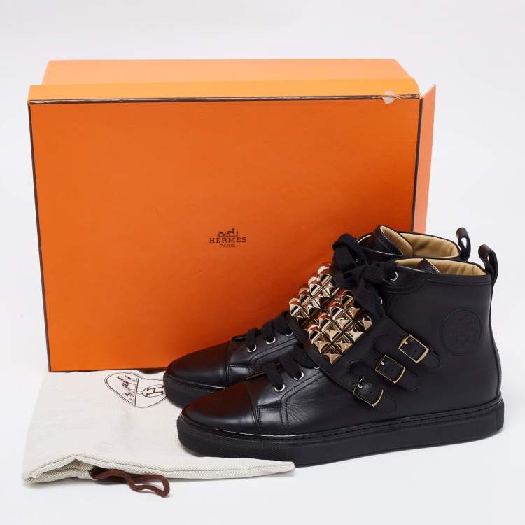 Pre Owned Hermes Black Leather Studded Lennox High-Top Sneakers Size 41.5