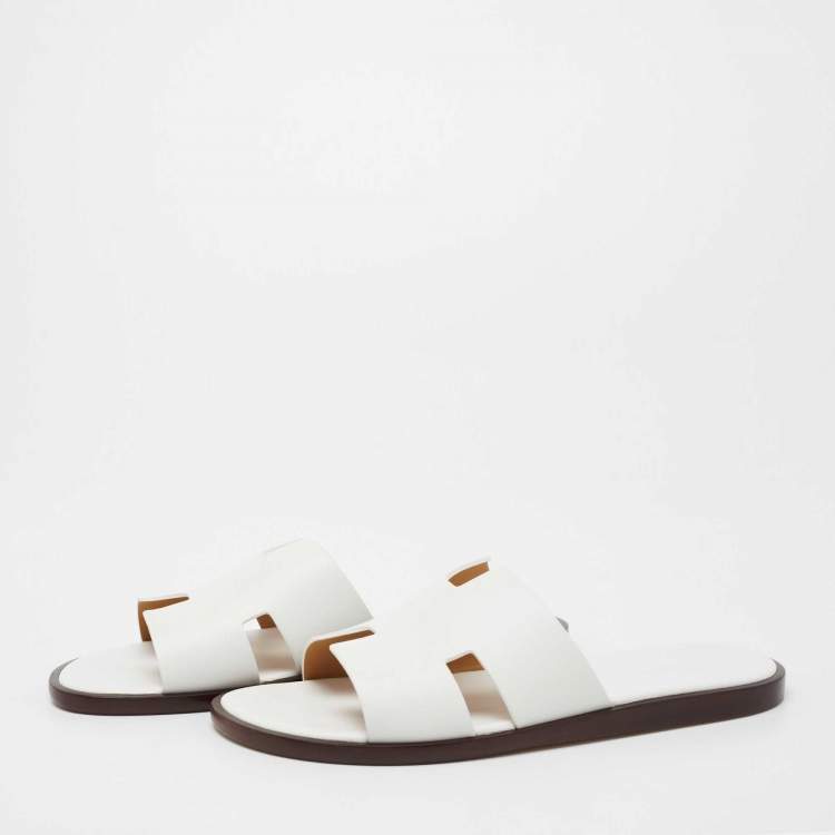 Pre Owned Hermes White Leather Izmir Slide Flats Size 42