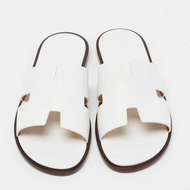 Pre Owned Hermes White Leather Izmir Slide Flats Size 42