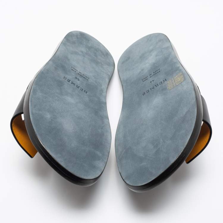 Pre Owned Hermes Black/Brown Leather Izmir Flat Sandals Size 44